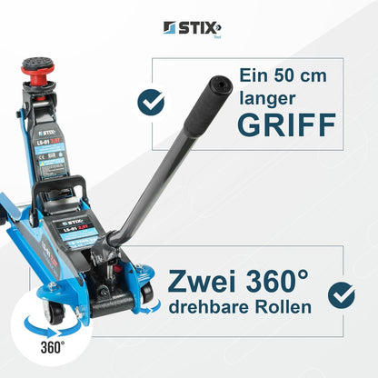 STIX Wagenheber Hydraulisch - Rangierwagenheber 2,5 T - Wagenheber Flach - Hubhöhe 85-365mm, 360° Rollen - 2X Gummiauflage und SUV Adapter Inklusiv - LS-01 Autoheber