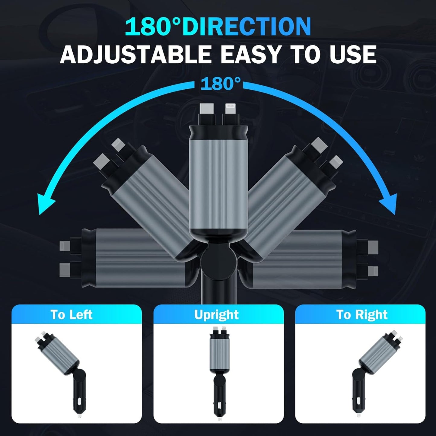 Ofottofo 4 in 1 Einziehbares Auto Ladegerät Adapter, 66W USB C Handy Schnelles Autoladegerät ZigarettenanzüNder, Ladekabel Auto Kompatibel mit iPhone, Samsung Galaxy, Google Pixel, Zwei Lichtmodi