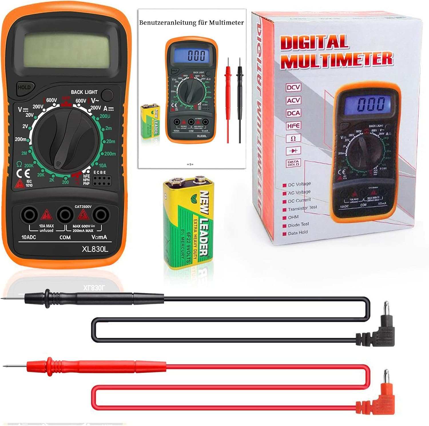 Digital Multimeter Voltmeter Batterietester Spannungsprüfer Durchgangsprüfer Ohm Volt Ampere Messgerät AC/DC Spannung Strom Widerstand Diode Transistor, Großes LCD Anzeige und Hintergrundlicht