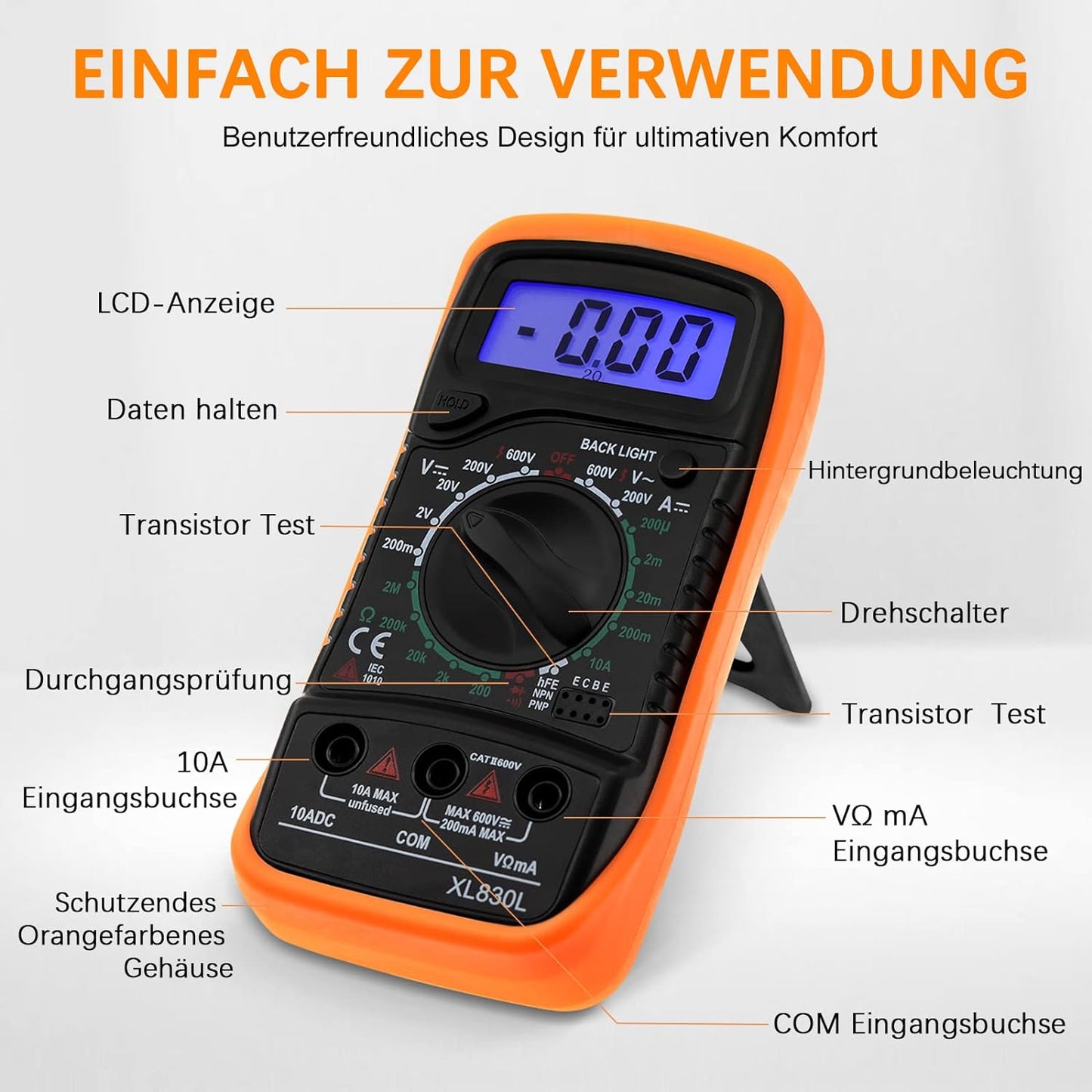 Digital Multimeter Voltmeter Batterietester Spannungsprüfer Durchgangsprüfer Ohm Volt Ampere Messgerät AC/DC Spannung Strom Widerstand Diode Transistor, Großes LCD Anzeige und Hintergrundlicht