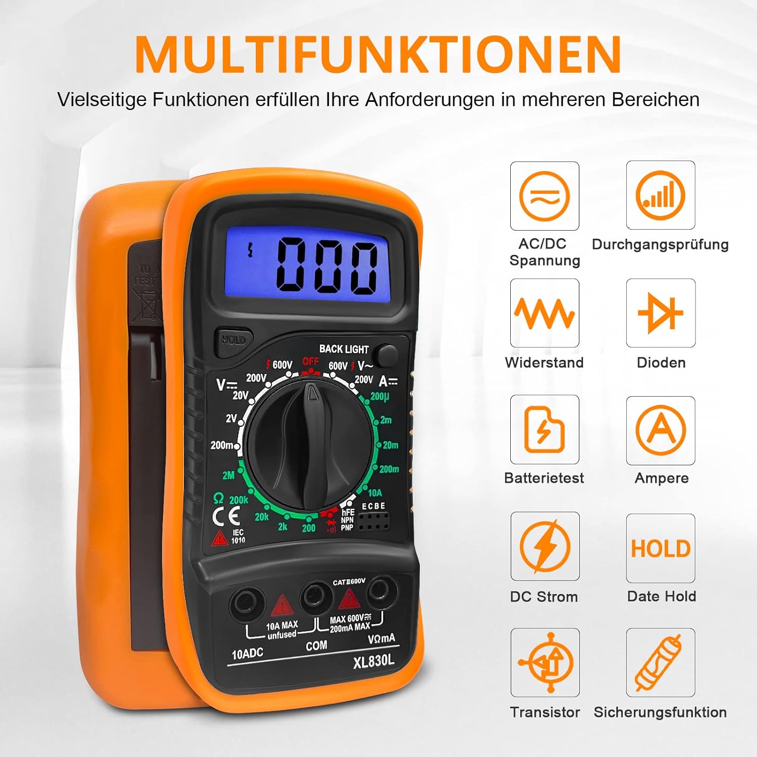 Digital Multimeter Voltmeter Batterietester Spannungsprüfer Durchgangsprüfer Ohm Volt Ampere Messgerät AC/DC Spannung Strom Widerstand Diode Transistor, Großes LCD Anzeige und Hintergrundlicht