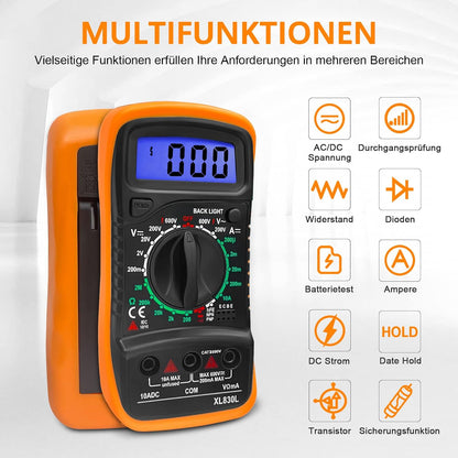 Digital Multimeter Voltmeter Batterietester Spannungsprüfer Durchgangsprüfer Ohm Volt Ampere Messgerät AC/DC Spannung Strom Widerstand Diode Transistor, Großes LCD Anzeige und Hintergrundlicht