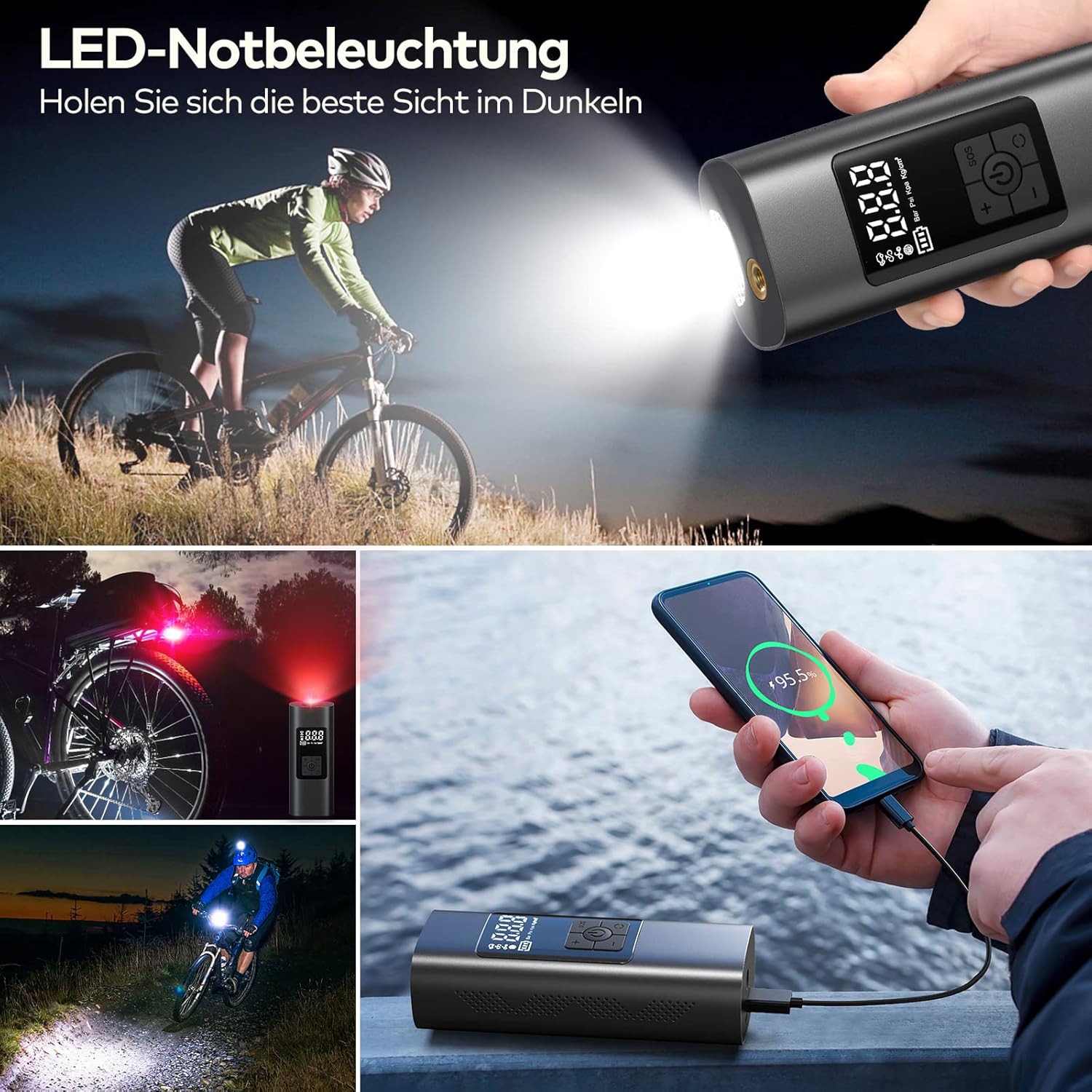 Elektrische Luftpumpe mit 6000mAh Wiederaufladbarer Akku, Wistrue 150PSI Tragbar Mini Kompressor Fahrradpumpe, mit Digital LCD für Fahrräder, Motorräder, Auto & Bälle, AutoOff, USB-Powerbank