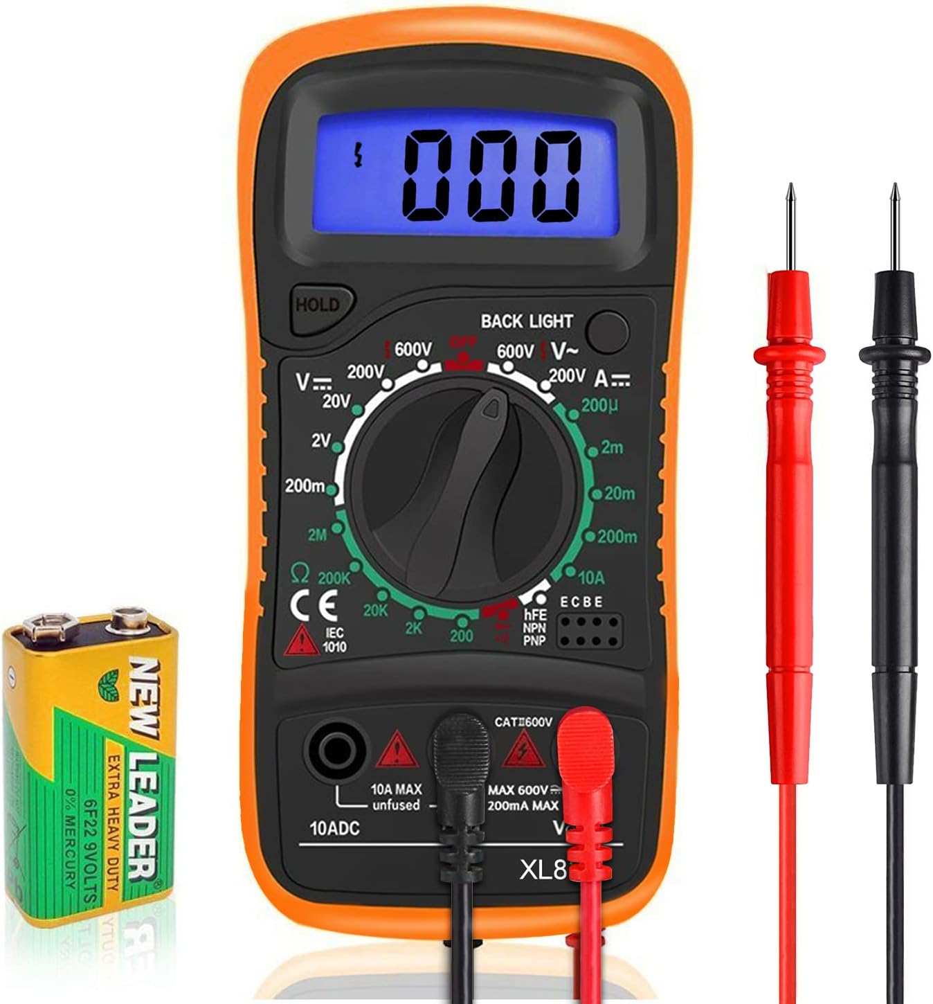 Digital Multimeter Voltmeter Batterietester Spannungsprüfer Durchgangsprüfer Ohm Volt Ampere Messgerät AC/DC Spannung Strom Widerstand Diode Transistor, Großes LCD Anzeige und Hintergrundlicht