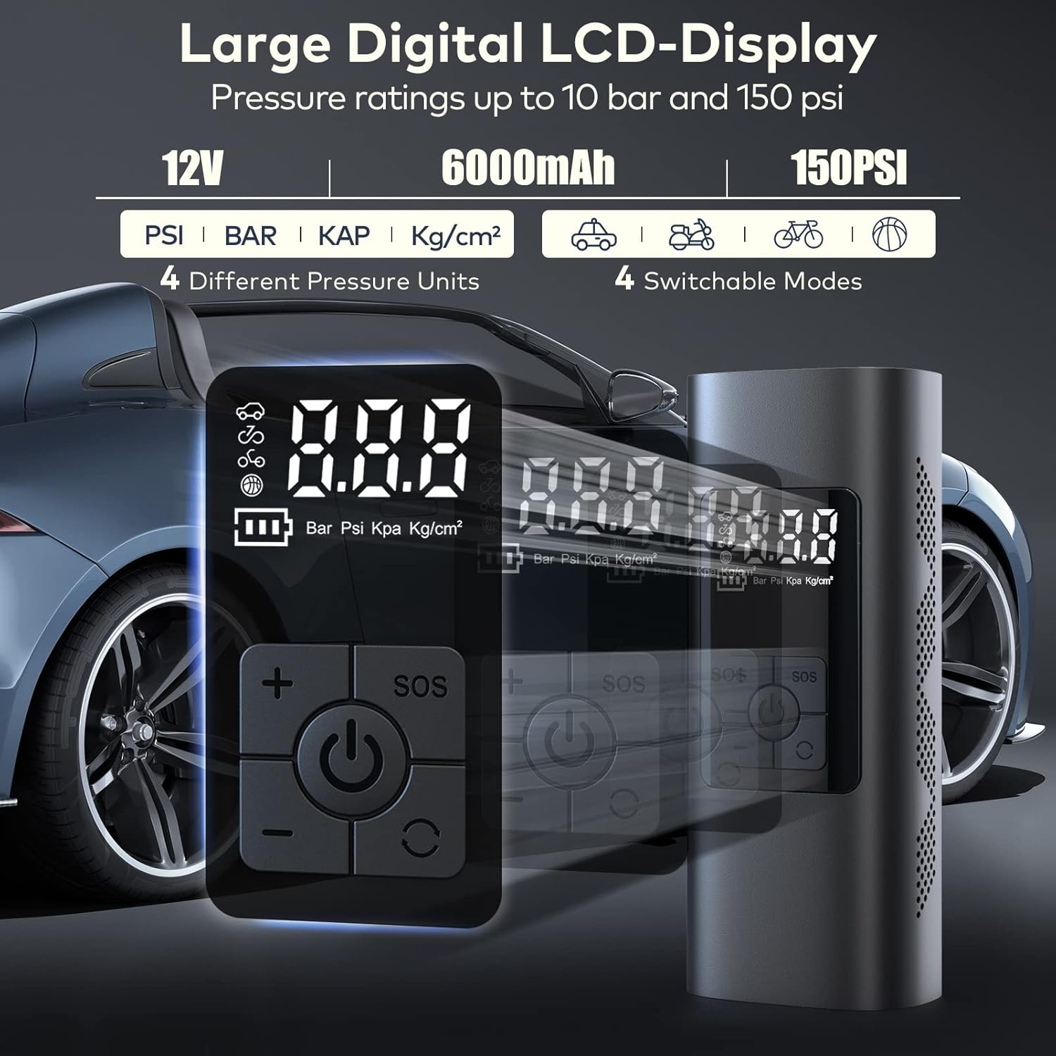 Elektrische Luftpumpe mit 6000mAh Wiederaufladbarer Akku, Wistrue 150PSI Tragbar Mini Kompressor Fahrradpumpe, mit Digital LCD für Fahrräder, Motorräder, Auto & Bälle, AutoOff, USB-Powerbank