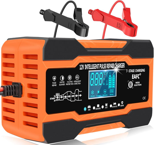 Ladegerät Autobatterie 12A KFZ Batterieladegerät Vollautomatisches Intelligentes Erhaltungsladegerät LCD-für Auto, Motorrad, Rasenmäher oder Boot (Länge des Netzkabels 130cm)