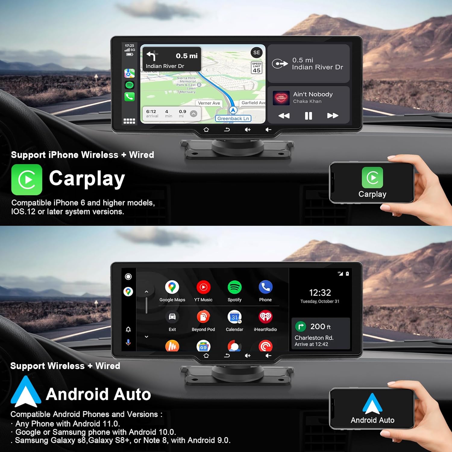 WSRADIOKITS 10.26 Zoll CarPlay Bildschirm, Tragbares Autoradio kompatibel mit A-pple CarPlay & Android Auto, IPS Touch Screen, Siri/G-oogle, GPS Navigation, Bluetooth, Mirror Link, FM, AUX, AirPlay