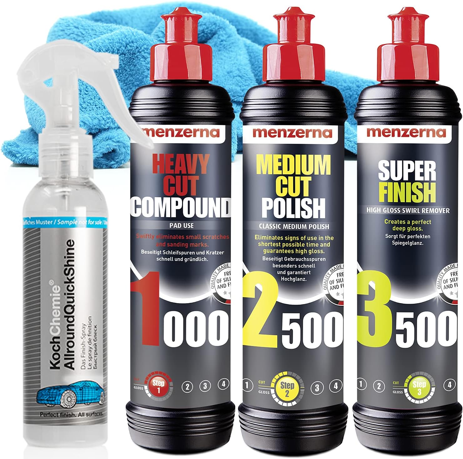 detailmate Menzerna Auto Polituren Set: Menzerna: Heavy Cut Compound 1000 + Medium Cut Polish 2500 + Super Finish 3500 + Koch Chemie AllroundQuickShine 140ml Mikrofasertuch 550GSM