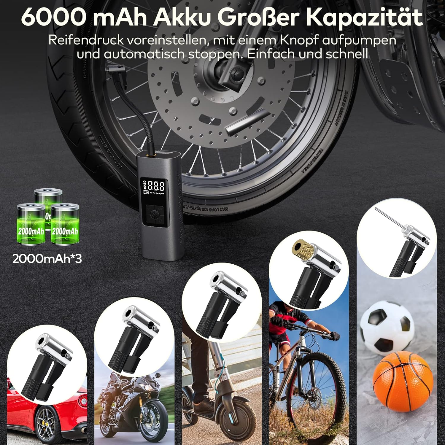 Elektrische Luftpumpe mit 6000mAh Wiederaufladbarer Akku, Wistrue 150PSI Tragbar Mini Kompressor Fahrradpumpe, mit Digital LCD für Fahrräder, Motorräder, Auto & Bälle, AutoOff, USB-Powerbank