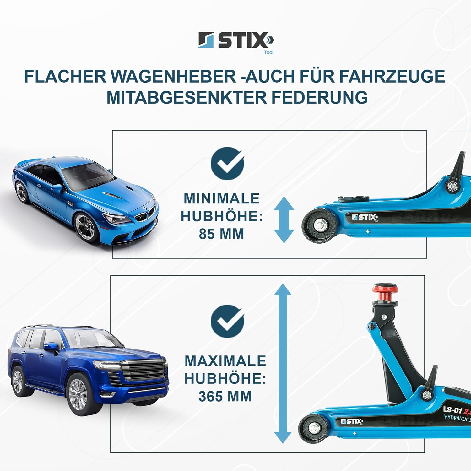 STIX Wagenheber Hydraulisch - Rangierwagenheber 2,5 T - Wagenheber Flach - Hubhöhe 85-365mm, 360° Rollen - 2X Gummiauflage und SUV Adapter Inklusiv - LS-01 Autoheber