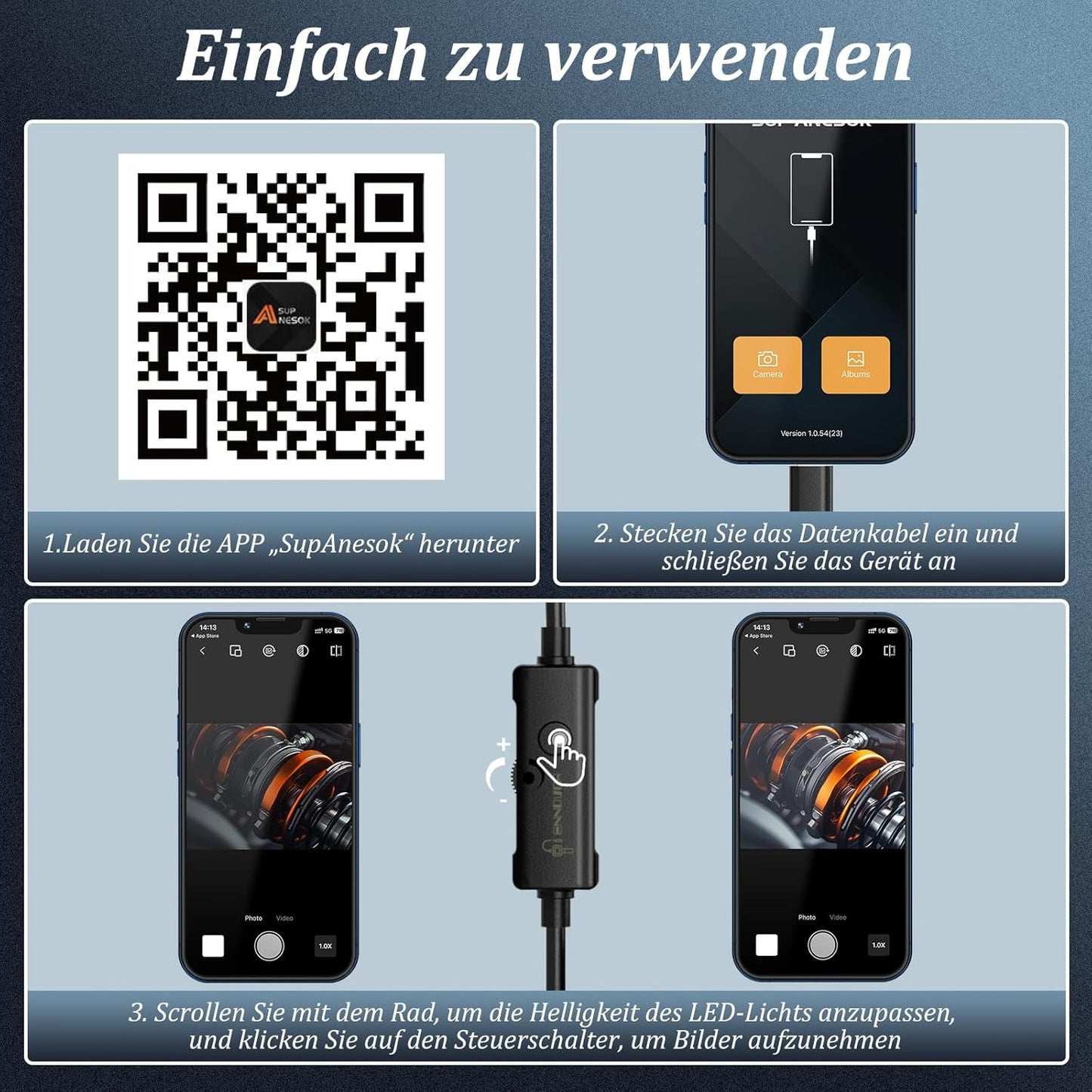 Endoskopkamera mit Licht, Ennovor 1920 HD Endoskop-Kamera Handy mit 8 LED Licht, Kein WLAN Erforderlich Inspektionskamera Wasserdichtes Ip67 Kanal-Kamera für Android & iOS, Tablet (16.4 ft/5m)